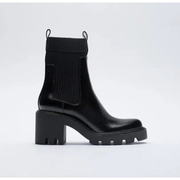Zara Track Sole Black Sock Boot Size 38 Moto Combat Boots Slip On Heeled - Picture 15 of 16
